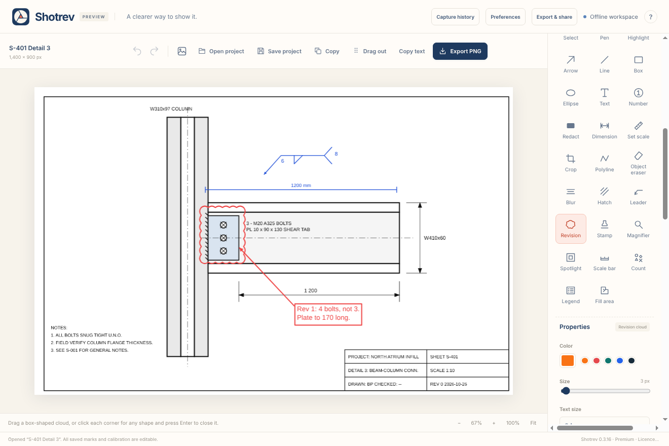 The Shotrev workspace with a structural connection detail marked up: a red revision cloud round the shear tab, a callout reading “Rev 1: 4 bolts, not 3. Plate to 170 long.”, a blue dimension of 1200 mm across the beam and a fillet weld symbol.